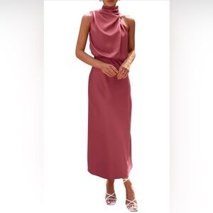 Mock Neck Satin Cocktail Maxi Dress